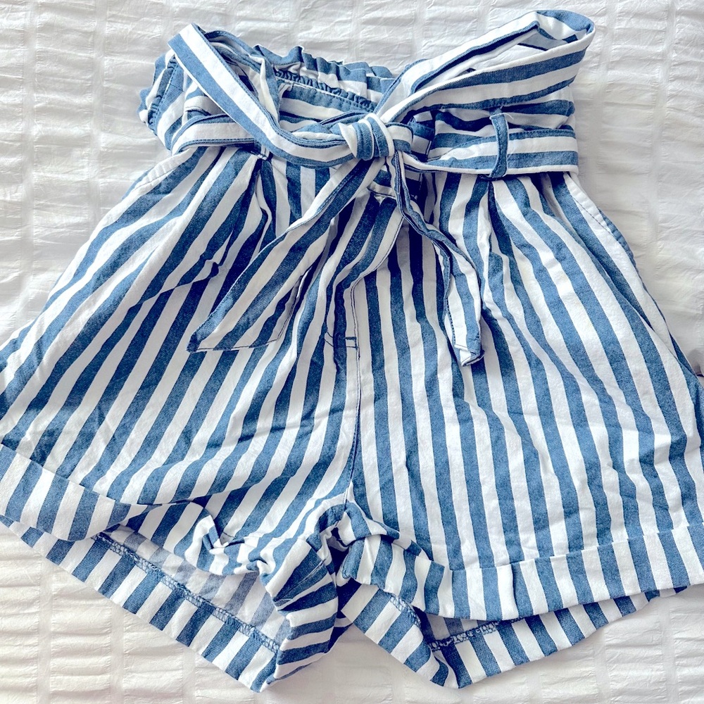 Blue and white striped high waisted tie shorts
